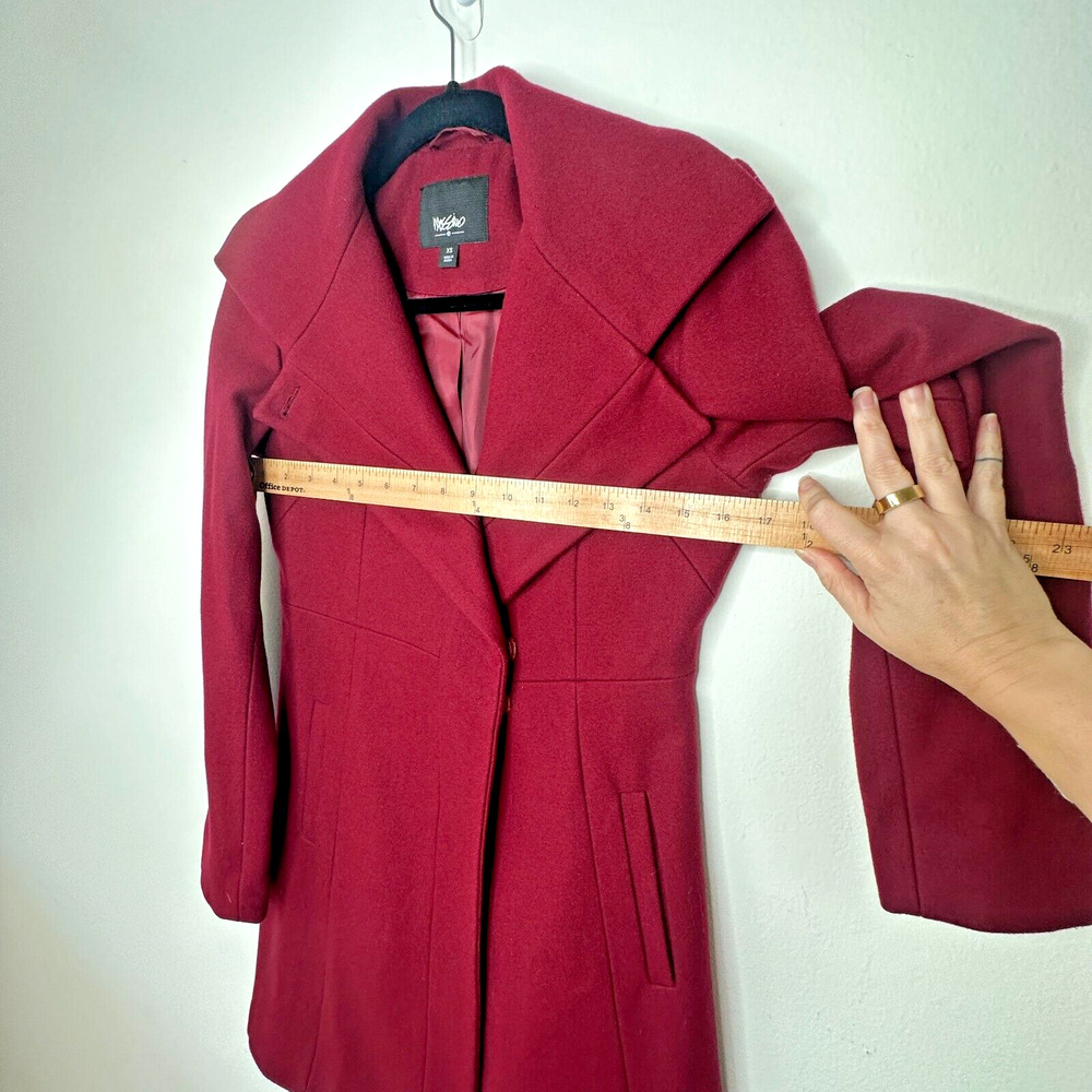 Mossimo Burgundy Red Wool Fitted Long Line Front two Button Coat Welt Pockets XS - Picture 12 of 13